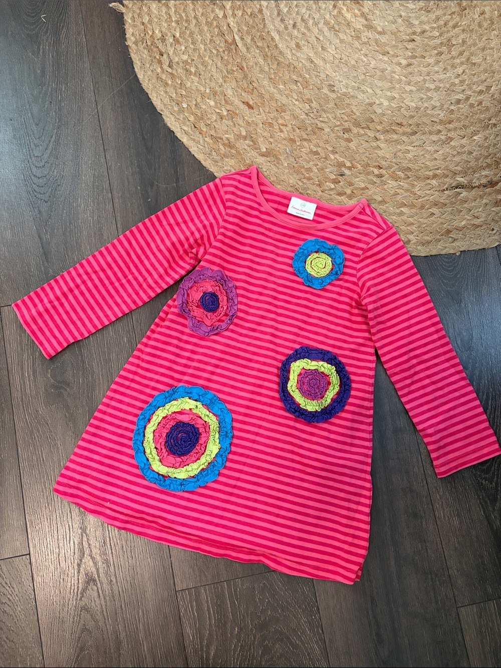 Hanna Andersson Pink Striped Dress with Colorful Rosettes size 110 5T